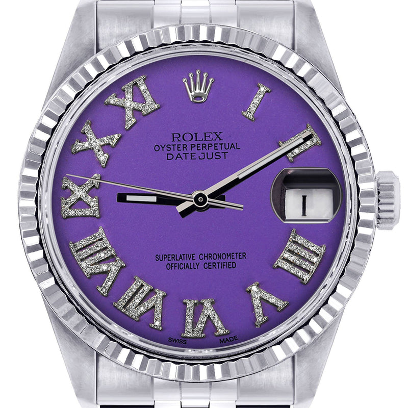Mens Rolex Datejust Watch 16200 | Fluted Bezel | 36Mm | Purple Roman Numeral Dial | Jubilee Band