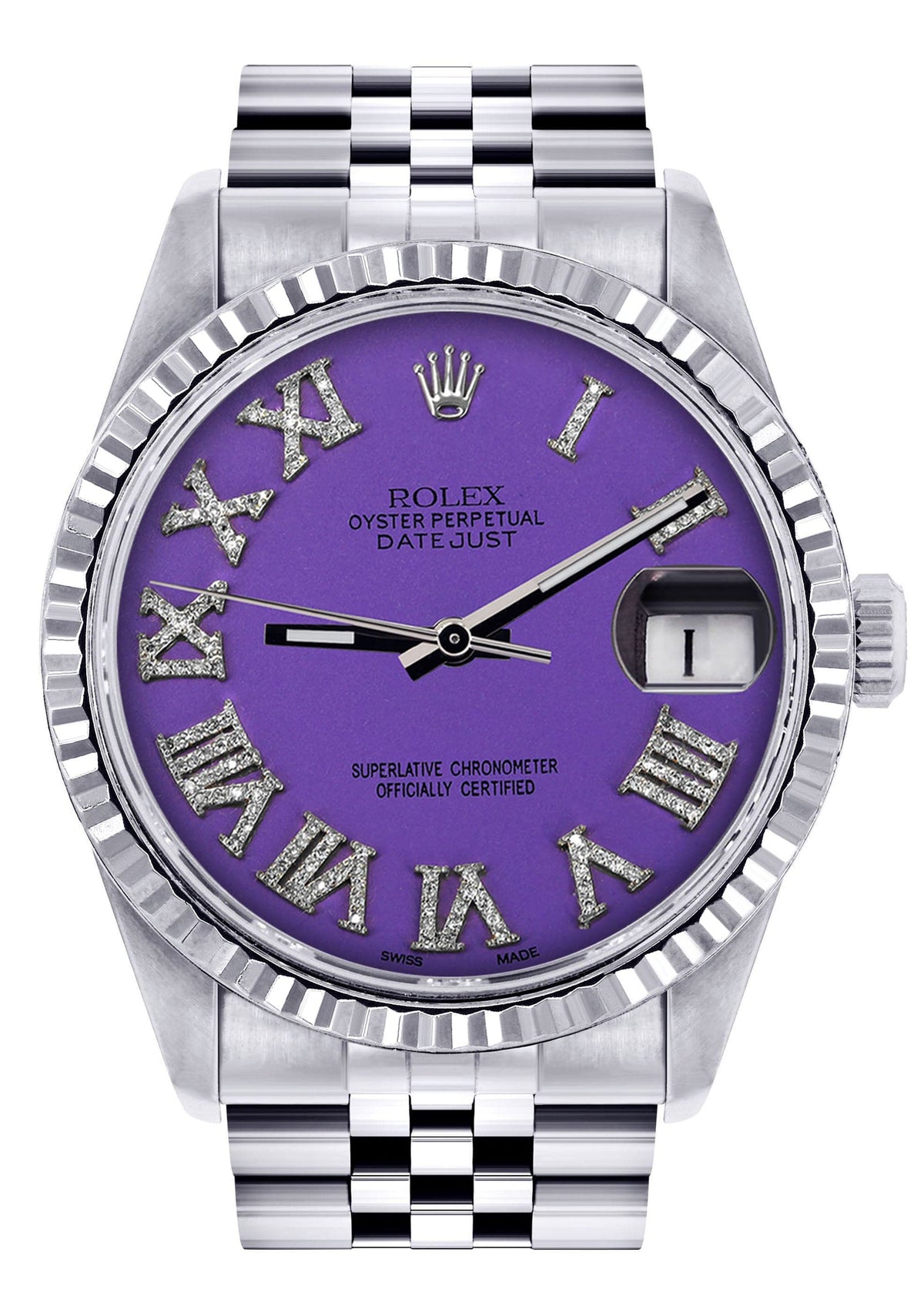 Mens Rolex Datejust Watch 16200 | Fluted Bezel | 36Mm | Purple Roman Numeral Dial | Jubilee Band