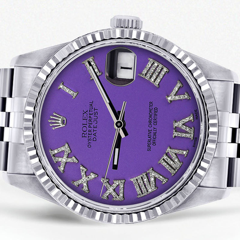 Womens Rolex Datejust Watch 16200  | 36Mm | Purple Roman Numeral Dial | Fluted Bezel | Jubilee Band