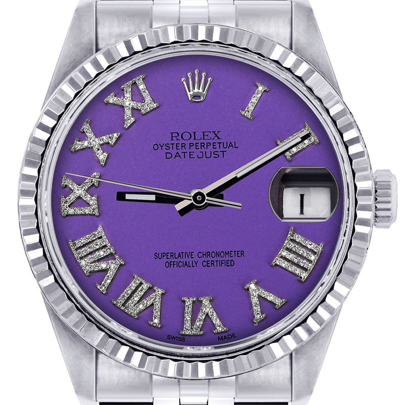 Womens Rolex Datejust Watch 16200  | 36Mm | Purple Roman Numeral Dial | Fluted Bezel | Jubilee Band