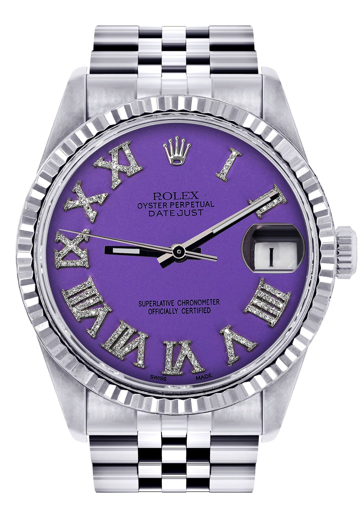 Womens Rolex Datejust Watch 16200  | 36Mm | Purple Roman Numeral Dial | Fluted Bezel | Jubilee Band
