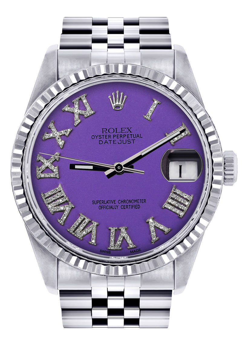 Womens Rolex Datejust Watch 16200  | 36Mm | Purple Roman Numeral Dial | Fluted Bezel | Jubilee Band
