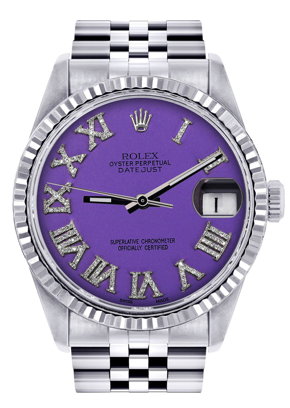 Womens Rolex Datejust Watch 16200  | 36Mm | Purple Roman Numeral Dial | Fluted Bezel | Jubilee Band