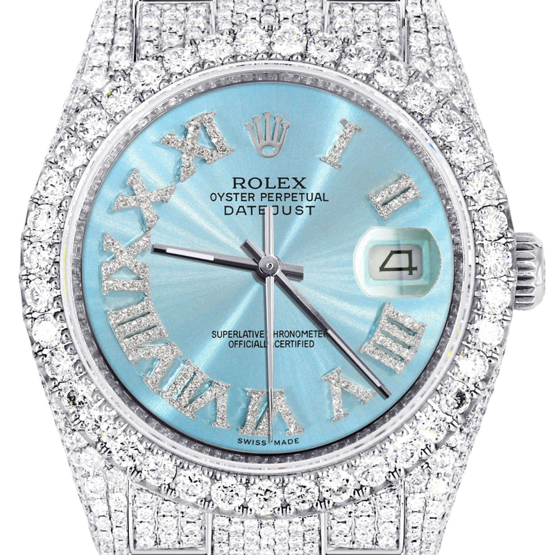 Iced Out Rolex Datejust 36 MM | Stainless Steel | 16.5 Carats of Diamonds | Light Blue Roman Diamond Dial | Oyster Band | Model 116200