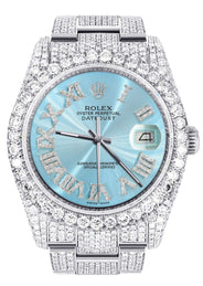 Iced Out Rolex Datejust 36 MM | Stainless Steel | 16.5 Carats of Diamonds | Light Blue Roman Diamond Dial | Oyster Band | Model 116200