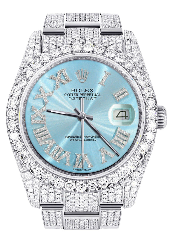 Iced Out Rolex Datejust 36 MM | Stainless Steel | 16.5 Carats of Diamonds | Light Blue Roman Diamond Dial | Oyster Band | Model 116200