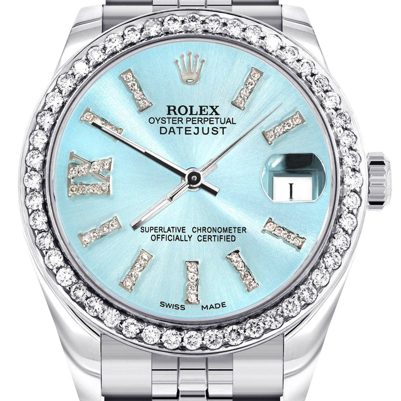 Diamond Rolex Watch | 68274 | Diamond Bezel | 31MM | Light Blue Roman Diamond Dial | Jubilee Band