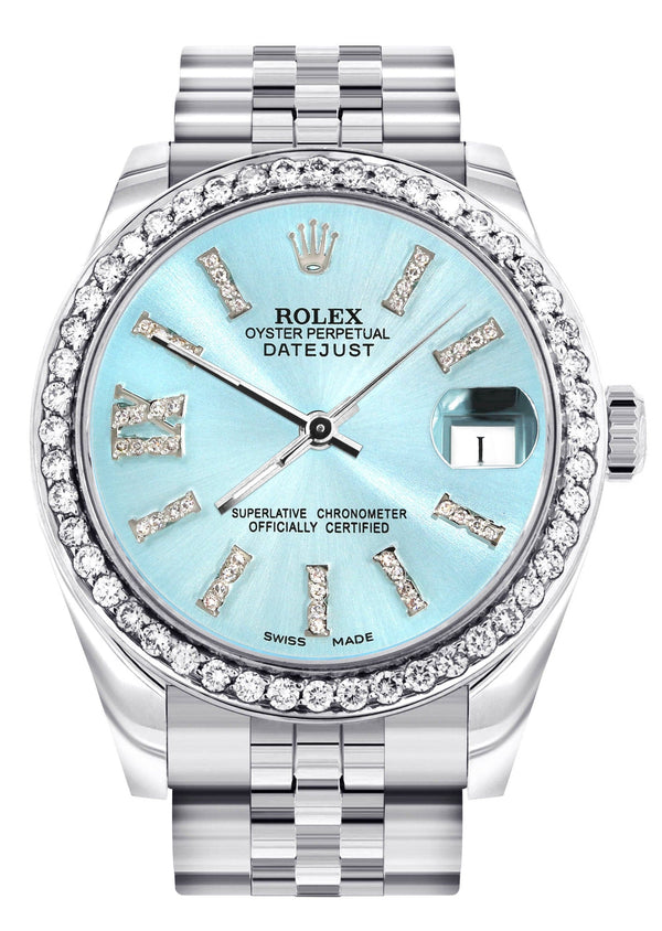Diamond Rolex Watch | 68274 | Diamond Bezel | 31MM | Light Blue Roman Diamond Dial | Jubilee Band