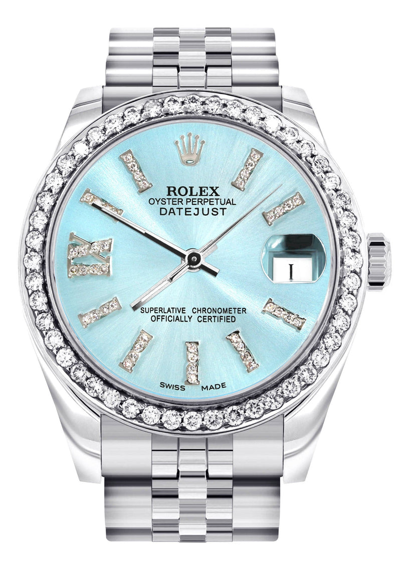 Diamond Rolex Watch | 68274 | Diamond Bezel | 31MM | Light Blue Roman Diamond Dial | Jubilee Band