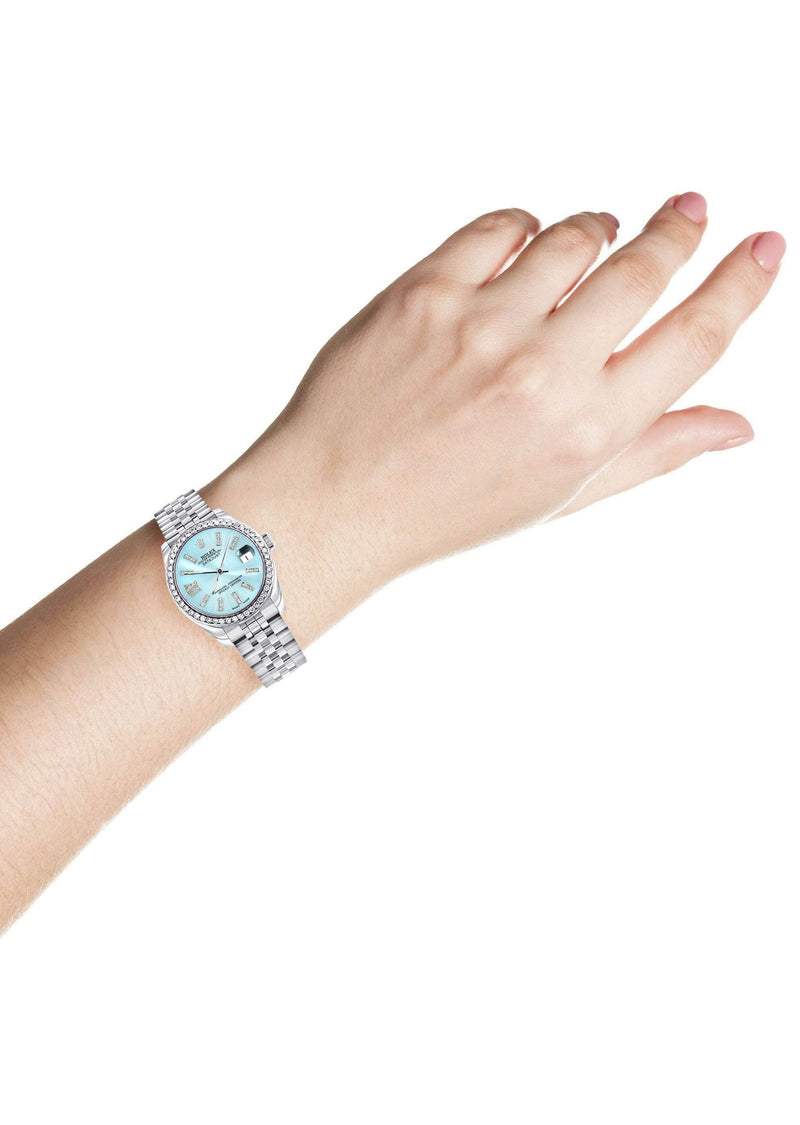Diamond Rolex Watch | 68274 | Diamond Bezel | 31MM | Light Blue Roman Diamond Dial | Jubilee Band