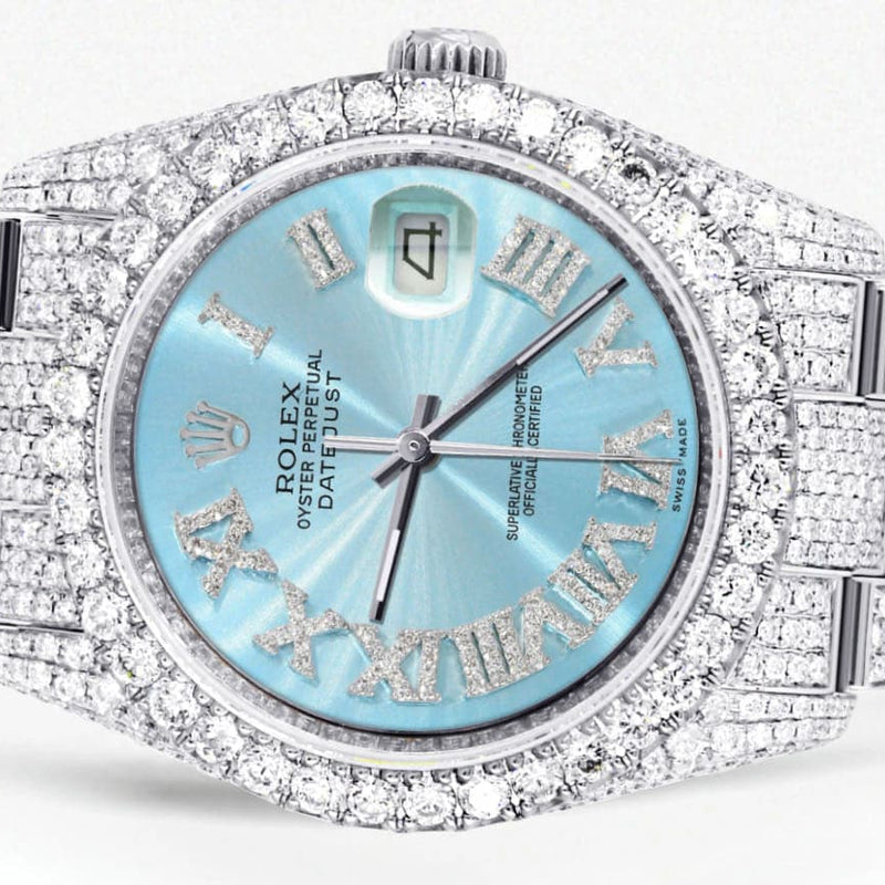 Iced Out Rolex Datejust 36 MM | Stainless Steel | 16.5 Carats of Diamonds | Light Blue Roman Diamond Dial | Oyster Band | Model 116200