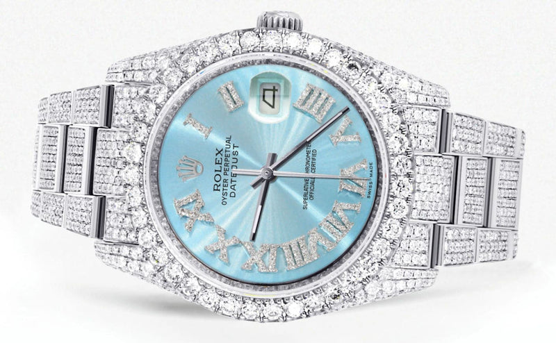 Iced Out Rolex Datejust 36 MM | Stainless Steel | 16.5 Carats of Diamonds | Light Blue Roman Diamond Dial | Oyster Band | Model 116200