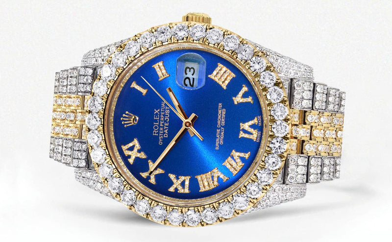 Diamond Iced Out Rolex Datejust 41 | 25 Carats Of Diamonds | Custom Blue Roman Numeral Diamond Dial | Two Tone | Jubilee Band
