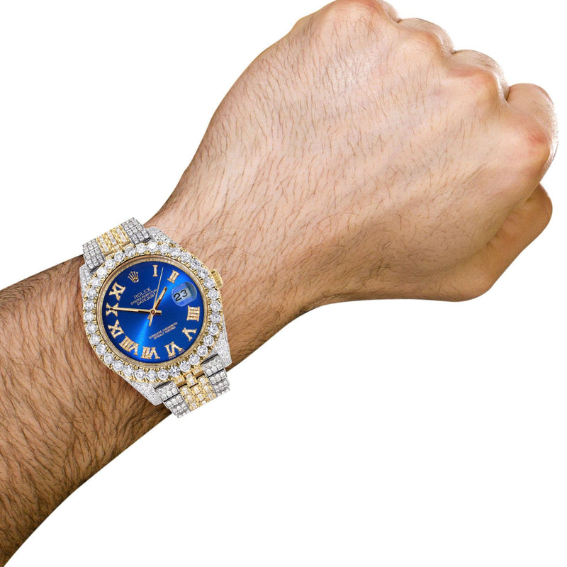 Diamond Iced Out Rolex Datejust 41 | 25 Carats Of Diamonds | Custom Blue Roman Numeral Diamond Dial | Two Tone | Jubilee Band