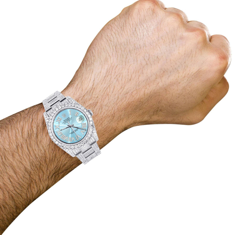 Iced Out Rolex Datejust 36 MM | Stainless Steel | 16.5 Carats of Diamonds | Light Blue Roman Diamond Dial | Oyster Band | Model 116200