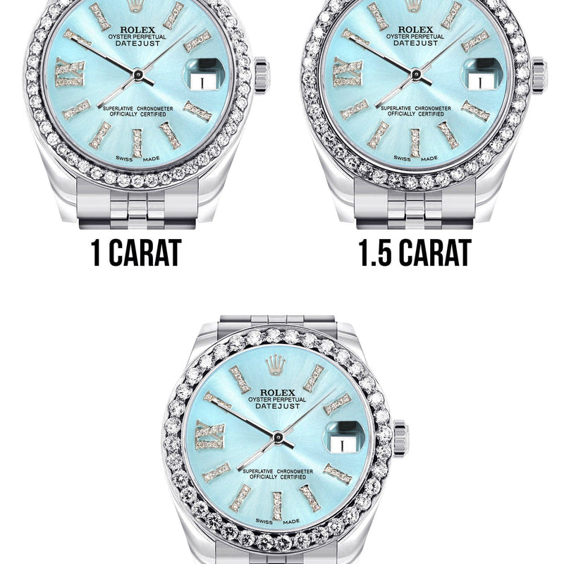 Diamond Rolex Watch | 68274 | Diamond Bezel | 31MM | Light Blue Roman Diamond Dial | Jubilee Band