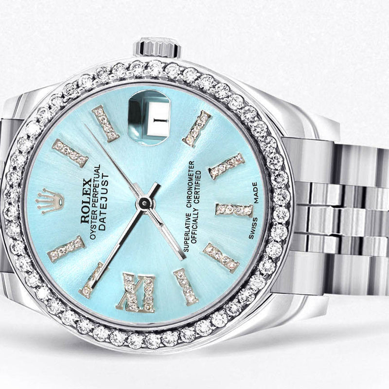 Diamond Rolex Watch | 68274 | Diamond Bezel | 31MM | Light Blue Roman Diamond Dial | Jubilee Band