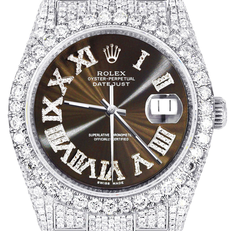 Iced Out Rolex Datejust 36 MM | Stainless Steel | 10 Carats of Diamonds | Brown Roman Diamond Dial | Oyster Band