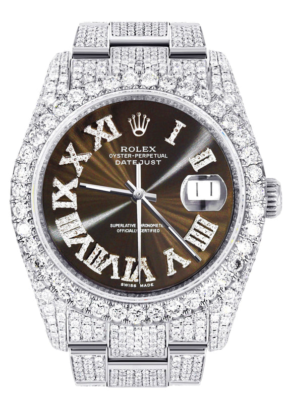 Iced Out Rolex Datejust 36 MM | Stainless Steel | 10 Carats of Diamonds | Brown Roman Diamond Dial | Oyster Band