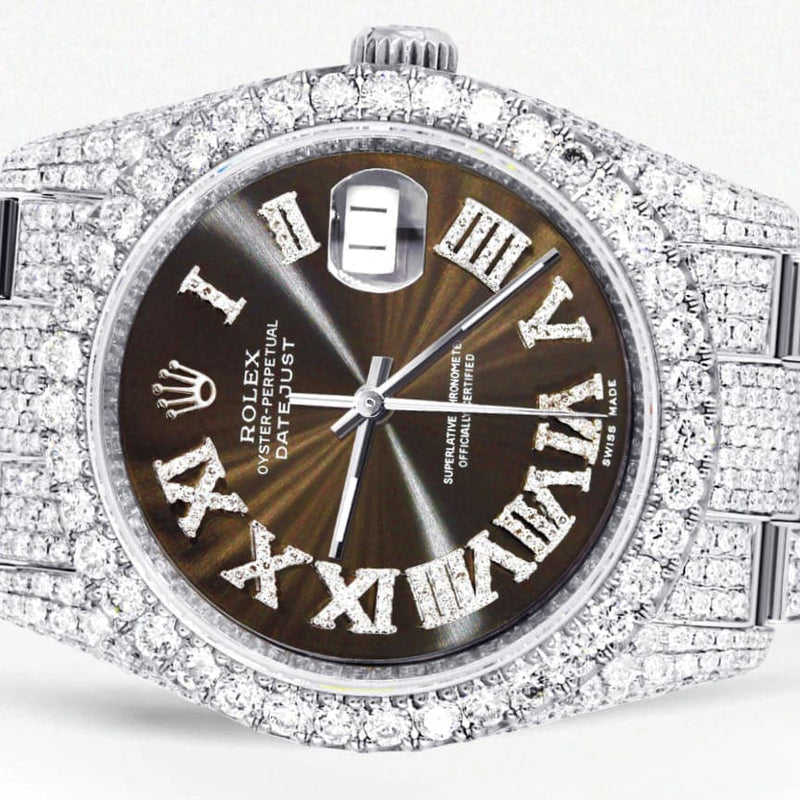 Iced Out Rolex Datejust 36 MM | Stainless Steel | 10 Carats of Diamonds | Brown Roman Diamond Dial | Oyster Band