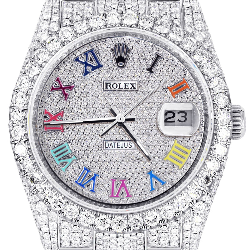 Iced Out Rolex Datejust 36 MM | Stainless Steel | 10 Carats of Diamonds | Full Diamond Color Roman Diamond Dial | Oyster Band