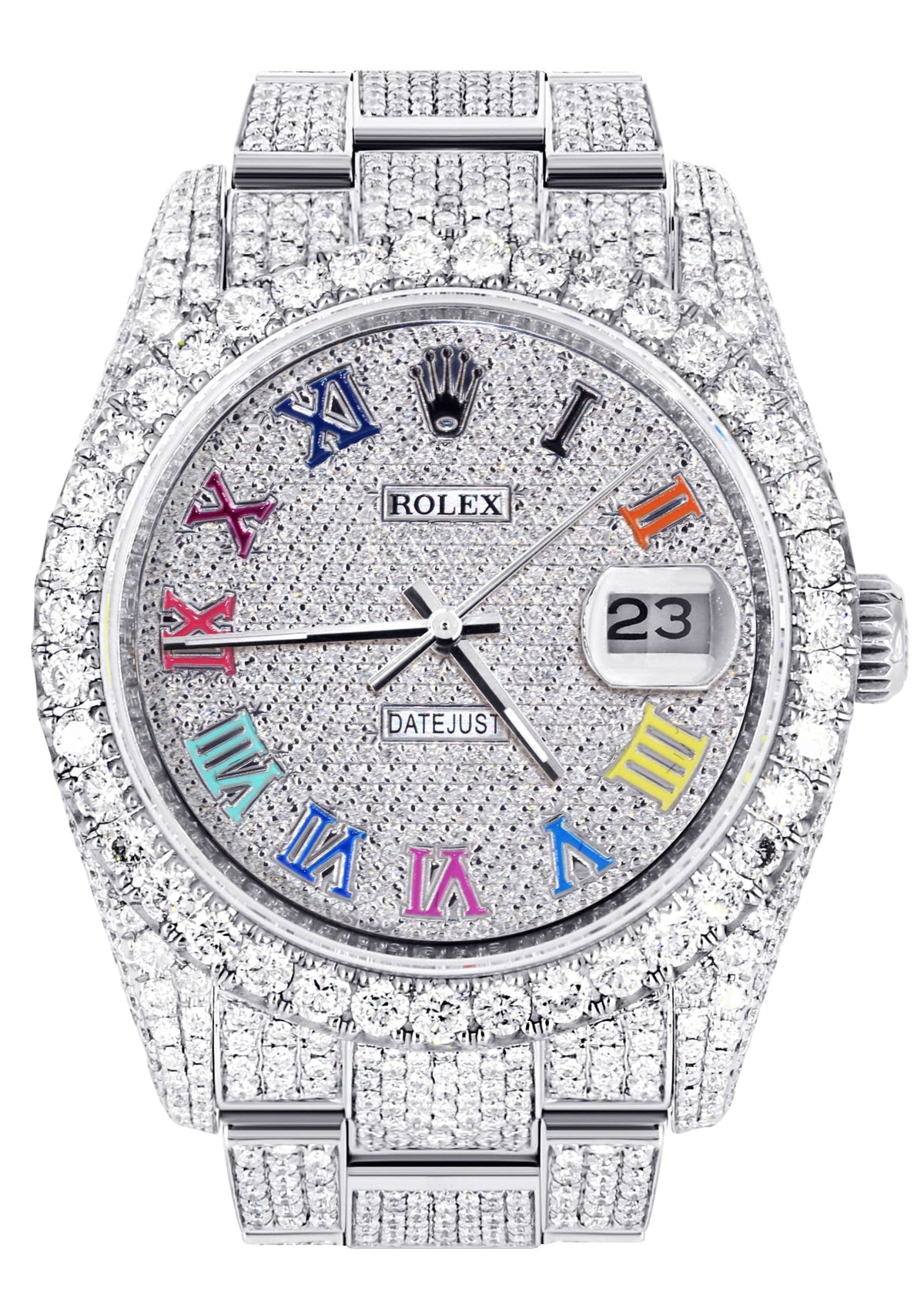 Iced Out Rolex Datejust 36 MM | Stainless Steel | 10 Carats of Diamonds | Full Diamond Color Roman Diamond Dial | Oyster Band