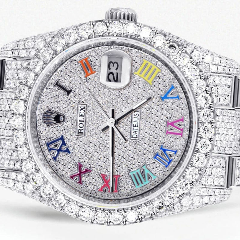 Iced Out Rolex Datejust 36 MM | Stainless Steel | 10 Carats of Diamonds | Full Diamond Color Roman Diamond Dial | Oyster Band