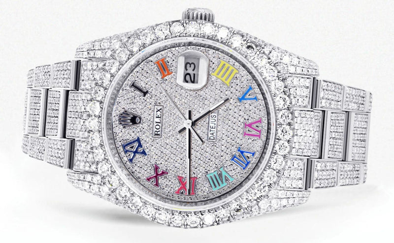 Iced Out Rolex Datejust 36 MM | Stainless Steel | 10 Carats of Diamonds | Full Diamond Color Roman Diamond Dial | Oyster Band