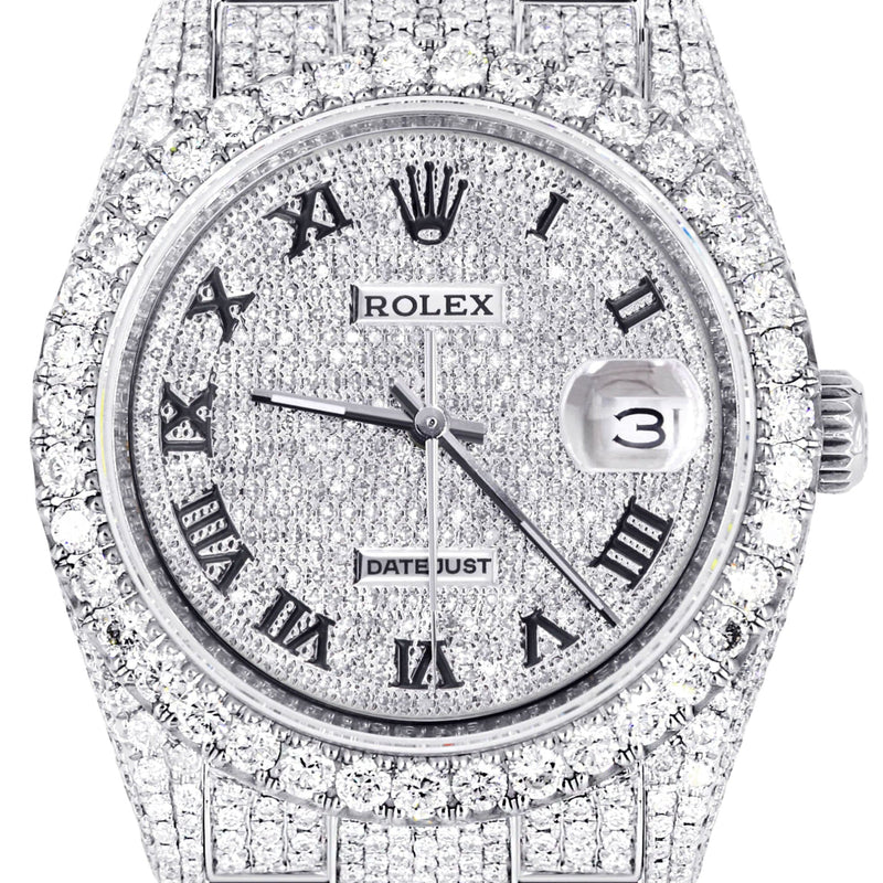 Iced Out Rolex Datejust 36 MM | Stainless Steel | 16.5 Carats of Diamonds | Full Diamond Roman Numeral Diamond Dial | Oyster Band | Model 116200