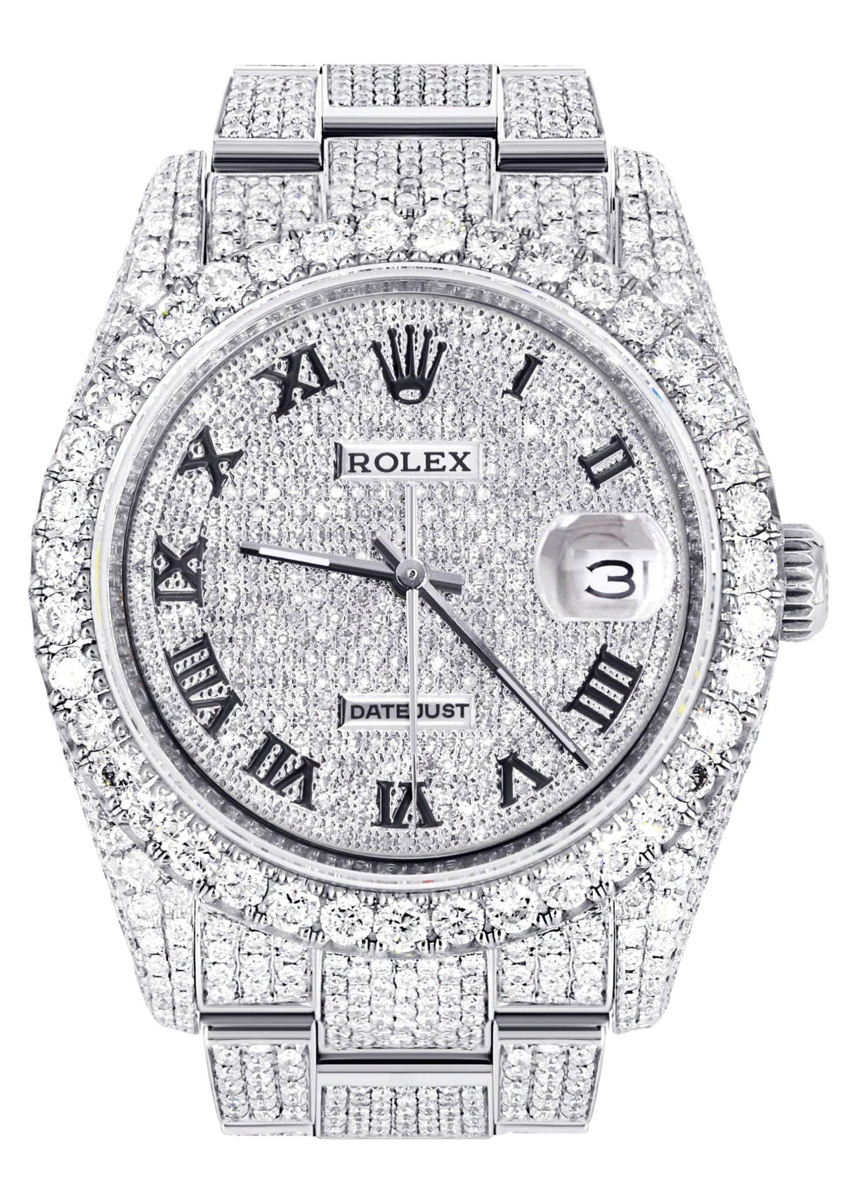 Iced Out Rolex Datejust 36 MM | Stainless Steel | 16.5 Carats of Diamonds | Full Diamond Roman Numeral Diamond Dial | Oyster Band | Model 116200