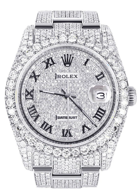 Iced Out Rolex Datejust 36 MM | Stainless Steel | 16.5 Carats of Diamonds | Full Diamond Roman Numeral Diamond Dial | Oyster Band | Model 116200