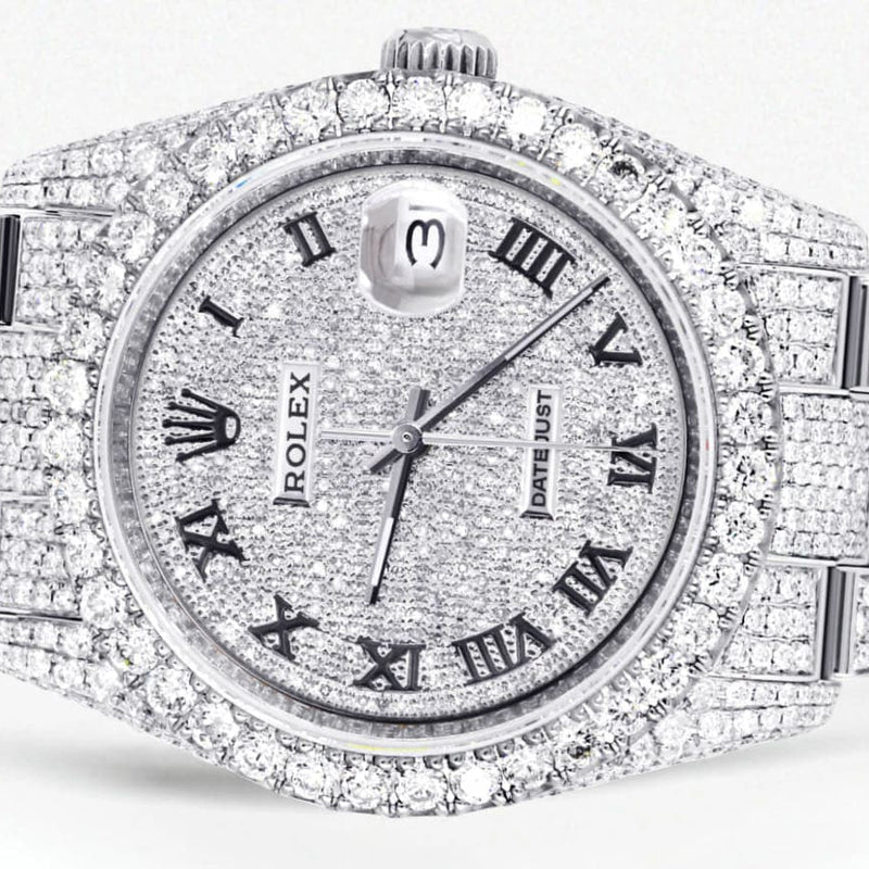 Iced Out Rolex Datejust 36 MM | Stainless Steel | 16.5 Carats of Diamonds | Full Diamond Roman Numeral Diamond Dial | Oyster Band | Model 116200