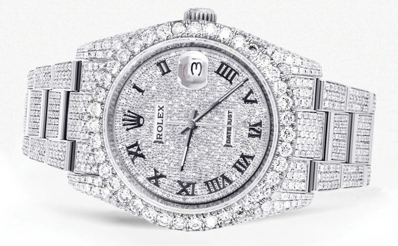Iced Out Rolex Datejust 36 MM | Stainless Steel | 16.5 Carats of Diamonds | Full Diamond Roman Numeral Diamond Dial | Oyster Band | Model 116200