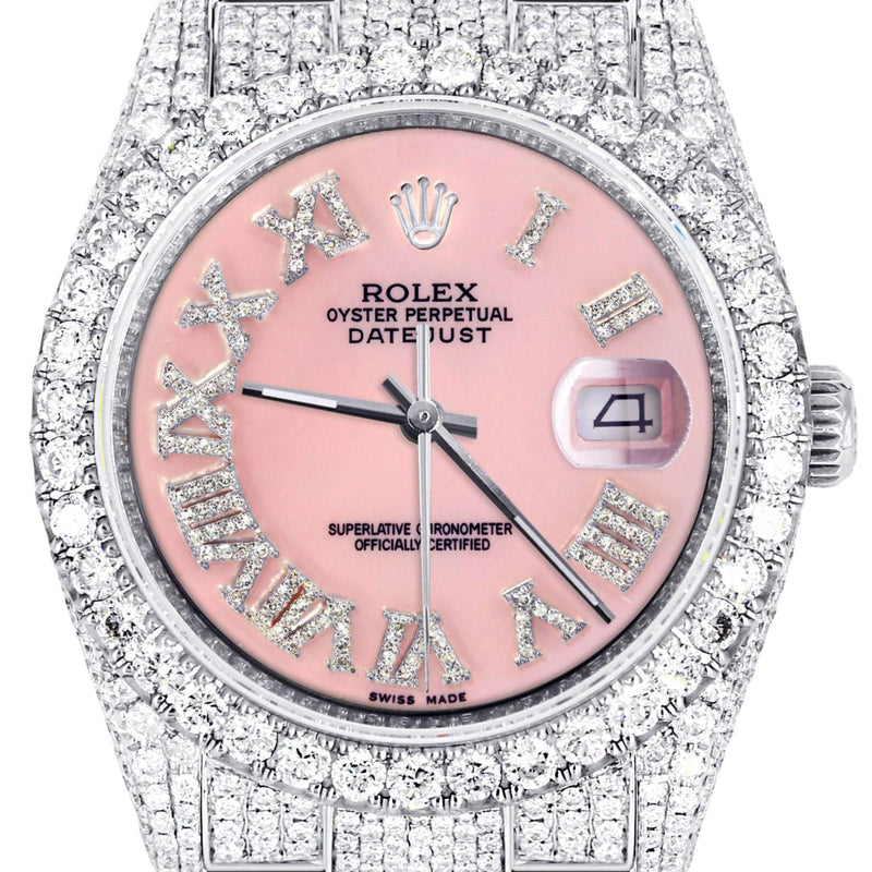 Iced Out Rolex Datejust 36 MM | Stainless Steel | 16.5 Carats of Diamonds | Pink Roman Diamond Dial | Oyster Band | Model 116200