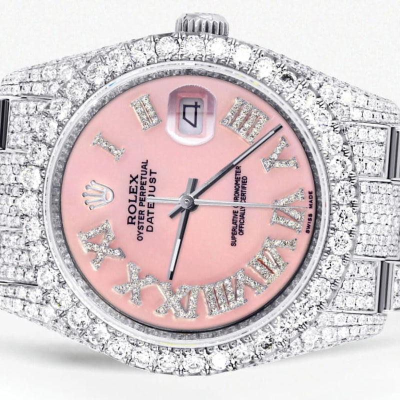 Iced Out Rolex Datejust 36 MM | Stainless Steel | 16.5 Carats of Diamonds | Pink Roman Diamond Dial | Oyster Band | Model 116200