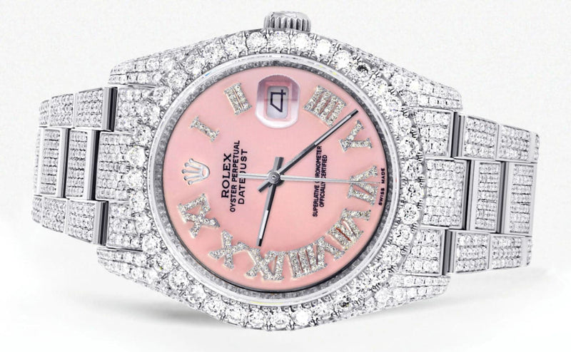 Iced Out Rolex Datejust 36 MM | Stainless Steel | 16.5 Carats of Diamonds | Pink Roman Diamond Dial | Oyster Band | Model 116200