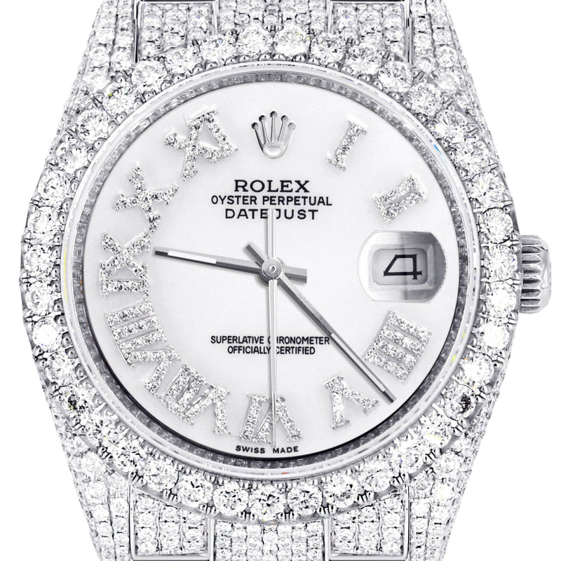 Iced Out Rolex Datejust 36 MM | Stainless Steel | 16.5 Carats of Diamonds | White Roman Diamond Dial | Oyster Band | Model 116200
