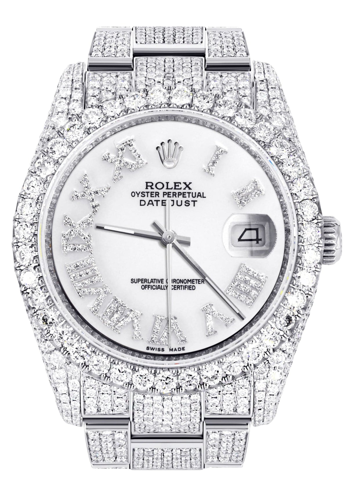 Iced Out Rolex Datejust 36 MM | Stainless Steel | 16.5 Carats of Diamonds | White Roman Diamond Dial | Oyster Band | Model 116200