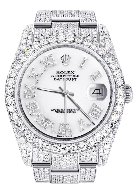 Iced Out Rolex Datejust 36 MM | Stainless Steel | 16.5 Carats of Diamonds | White Roman Diamond Dial | Oyster Band | Model 116200