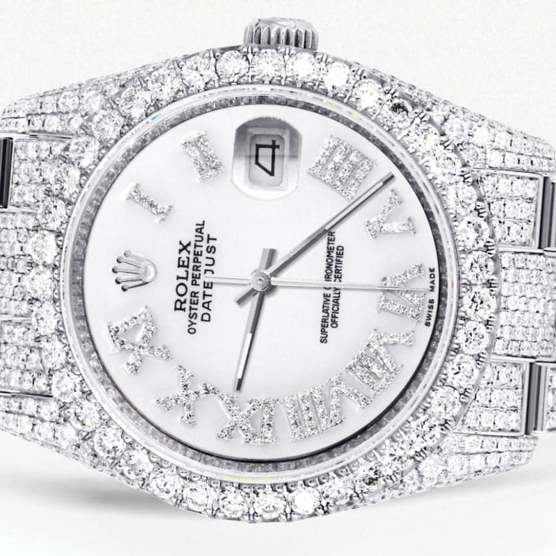 Iced Out Rolex Datejust 36 MM | Stainless Steel | 16.5 Carats of Diamonds | White Roman Diamond Dial | Oyster Band | Model 116200