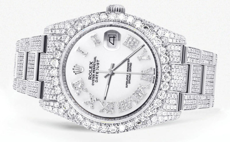 Iced Out Rolex Datejust 36 MM | Stainless Steel | 16.5 Carats of Diamonds | White Roman Diamond Dial | Oyster Band | Model 116200