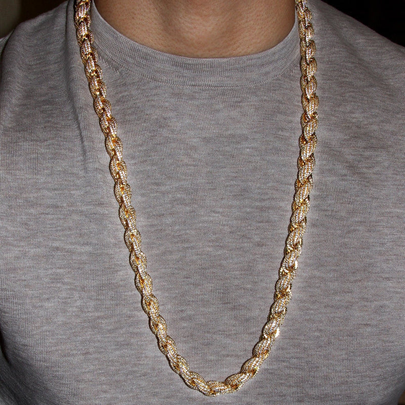 Gold Plated Mens Chain Iced Out Solid Rope