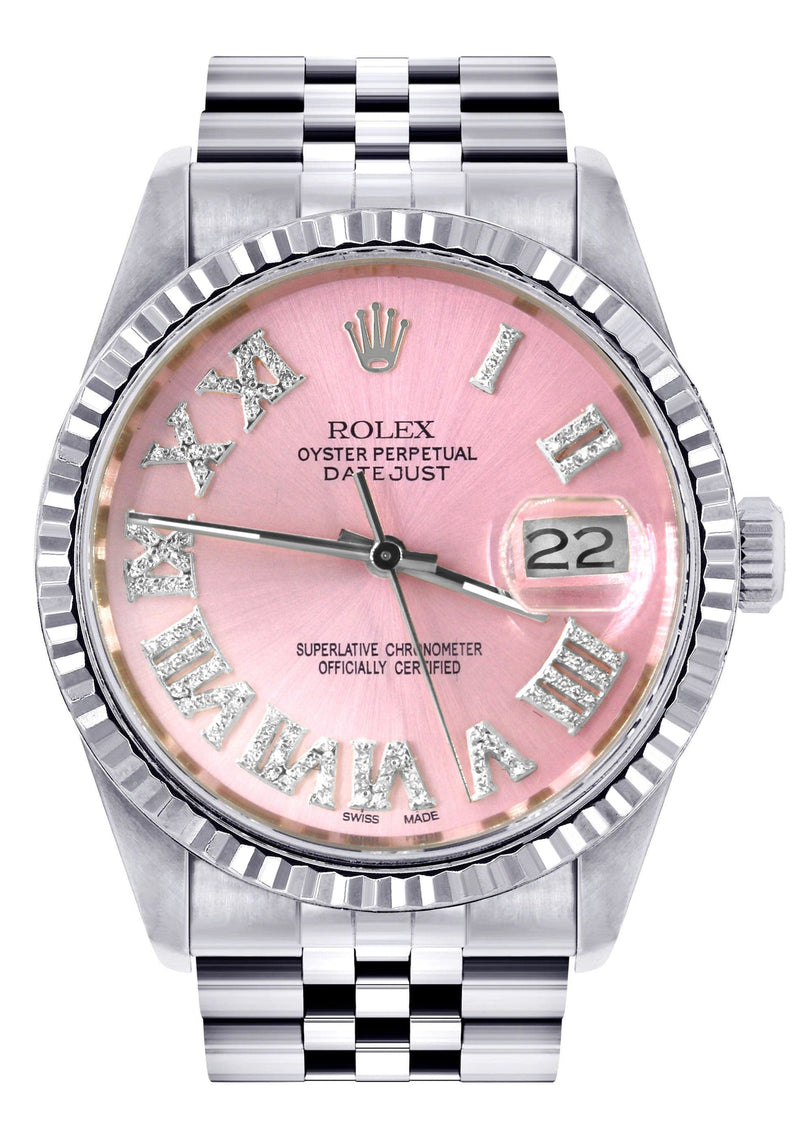 Mens Rolex Datejust Watch 16200 | 36Mm | Pink Roman Numeral Dial | Two Row 4.25 Carat Bezel | Jubilee Band