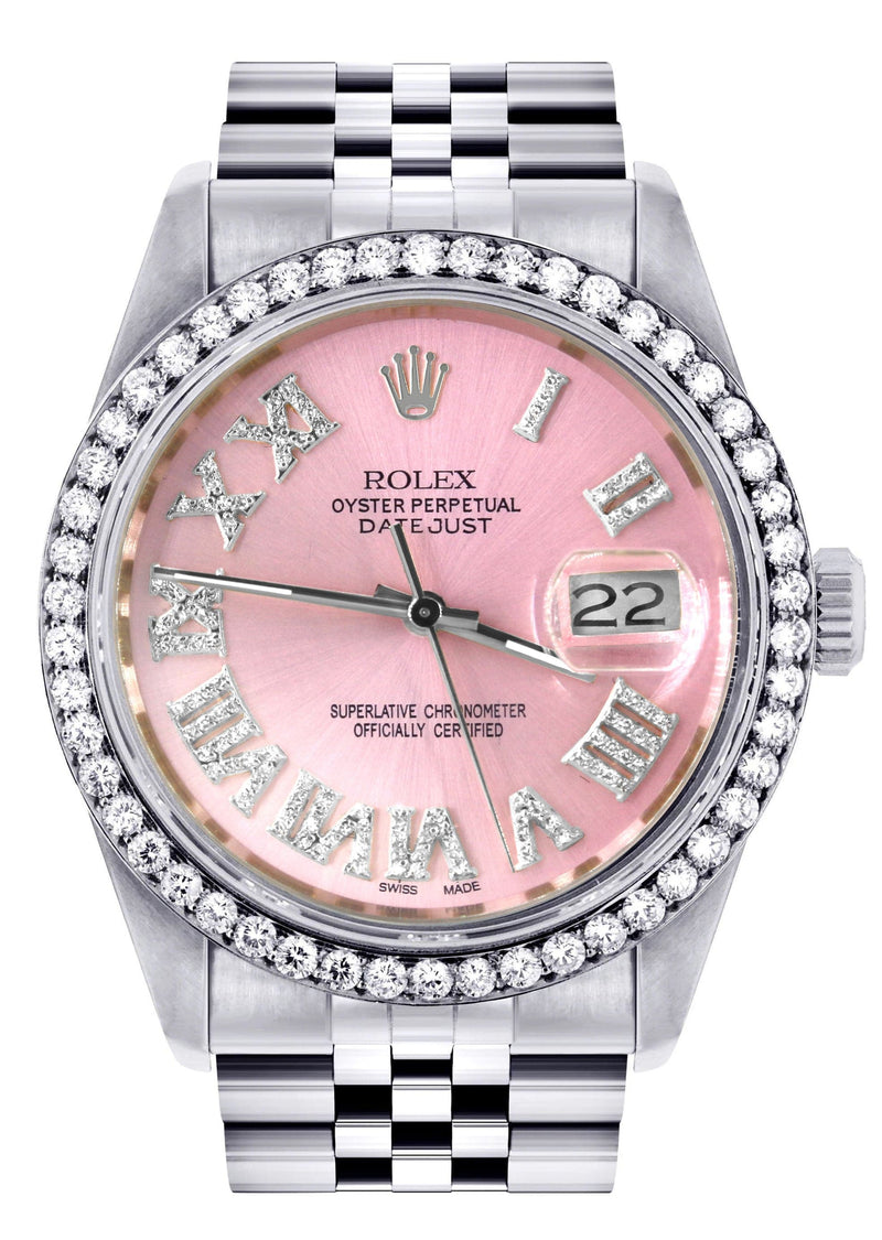 Diamond Mens Rolex Datejust Watch 16200 | 36Mm | Light Pink Roman Numeral Dial | Jubilee Band