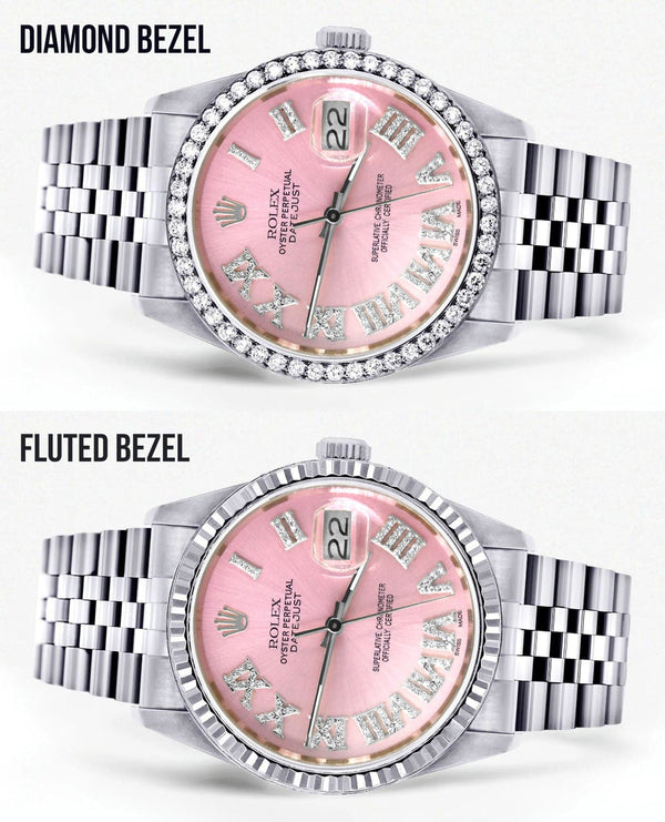 Diamond Mens Rolex Datejust Watch 16200 | 36Mm | Light Pink Roman Numeral Dial | Jubilee Band