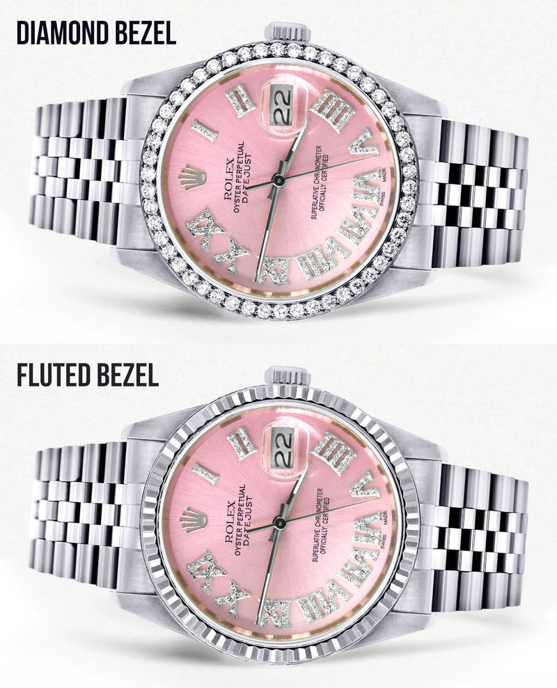 Diamond Mens Rolex Datejust Watch 16200 | 36Mm | Light Pink Roman Numeral Dial | Jubilee Band