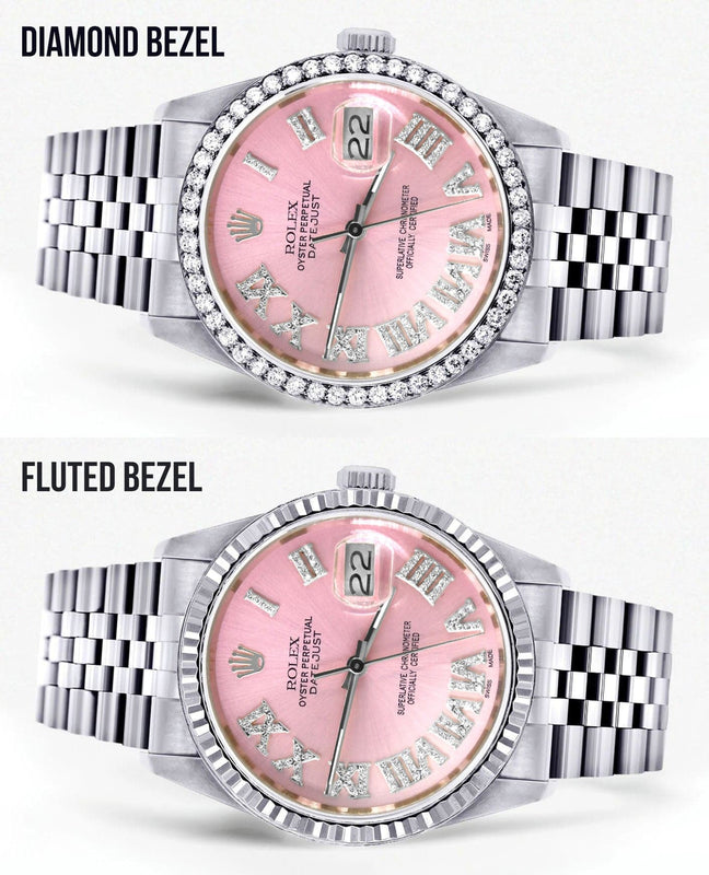 Diamond Mens Rolex Datejust Watch 16200 | 36Mm | Light Pink Roman Numeral Dial | Jubilee Band