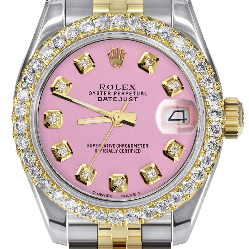 Womens Diamond Gold Hidden Clasp Rolex Watch | 1 Carat Bezel | 26Mm | Pink Dial | Jubilee Band | Model 179173