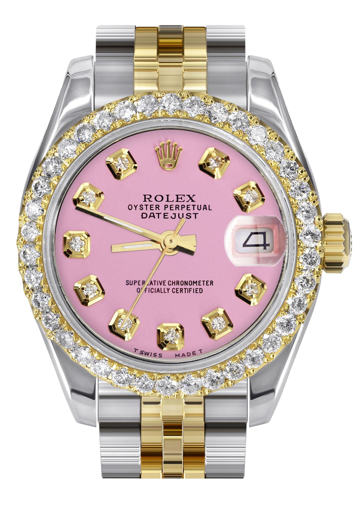 Womens Diamond Gold Hidden Clasp Rolex Watch | 1 Carat Bezel | 26Mm | Pink Dial | Jubilee Band | Model 179173