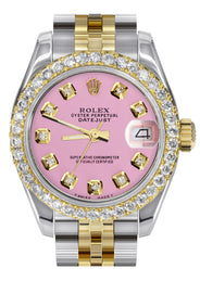 Womens Diamond Gold Hidden Clasp Rolex Watch | 1 Carat Bezel | 26Mm | Pink Dial | Jubilee Band | Model 179173